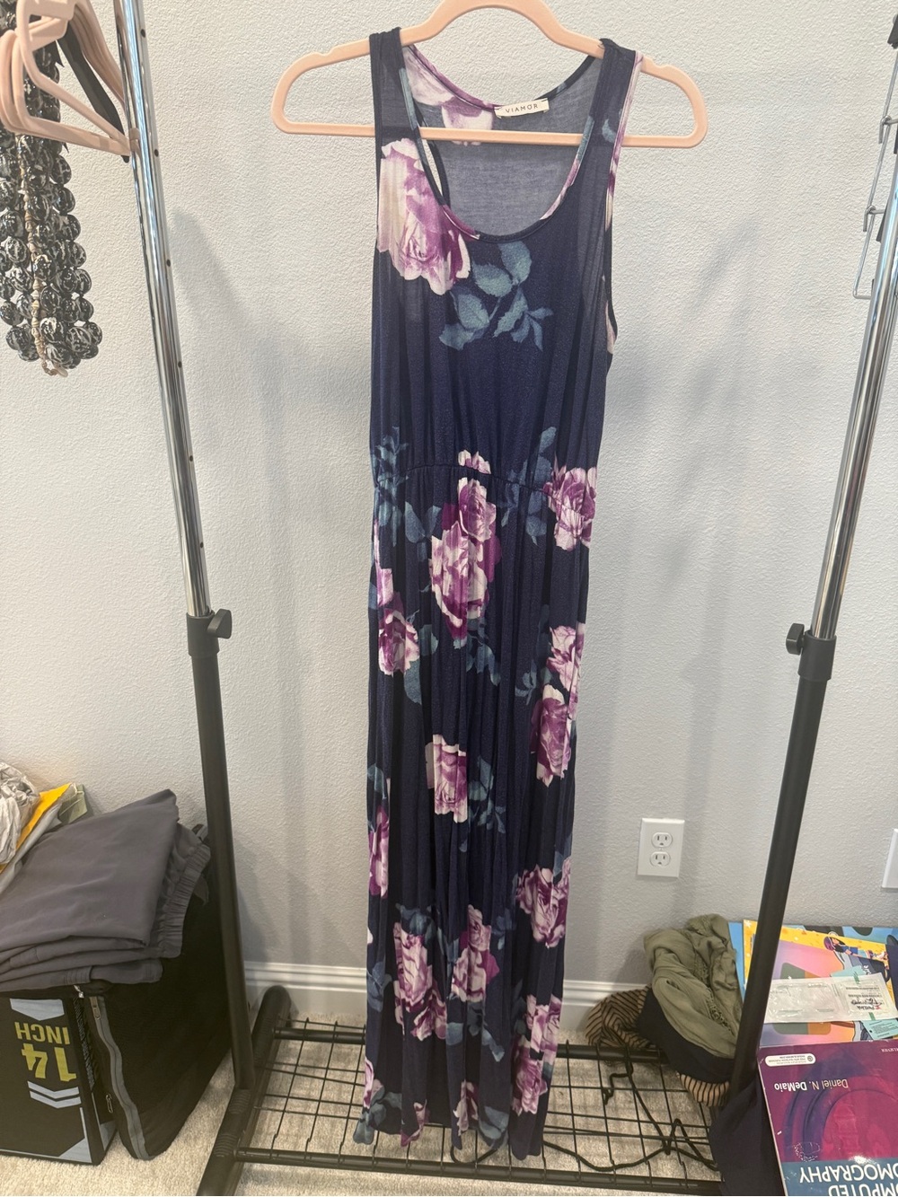Viamor Floral Navy Maxi Dress with Purple Roses Sz Small comfy